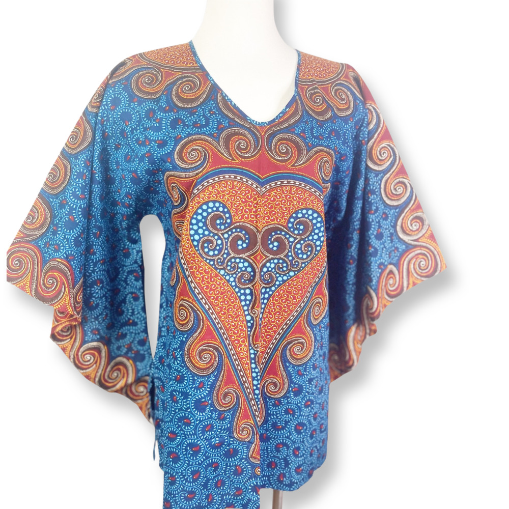 Paranda Talk Of The Town Vintage Batik Batwing Bohemian Ethnic Print V Neck Top - Picture 1 of 8
